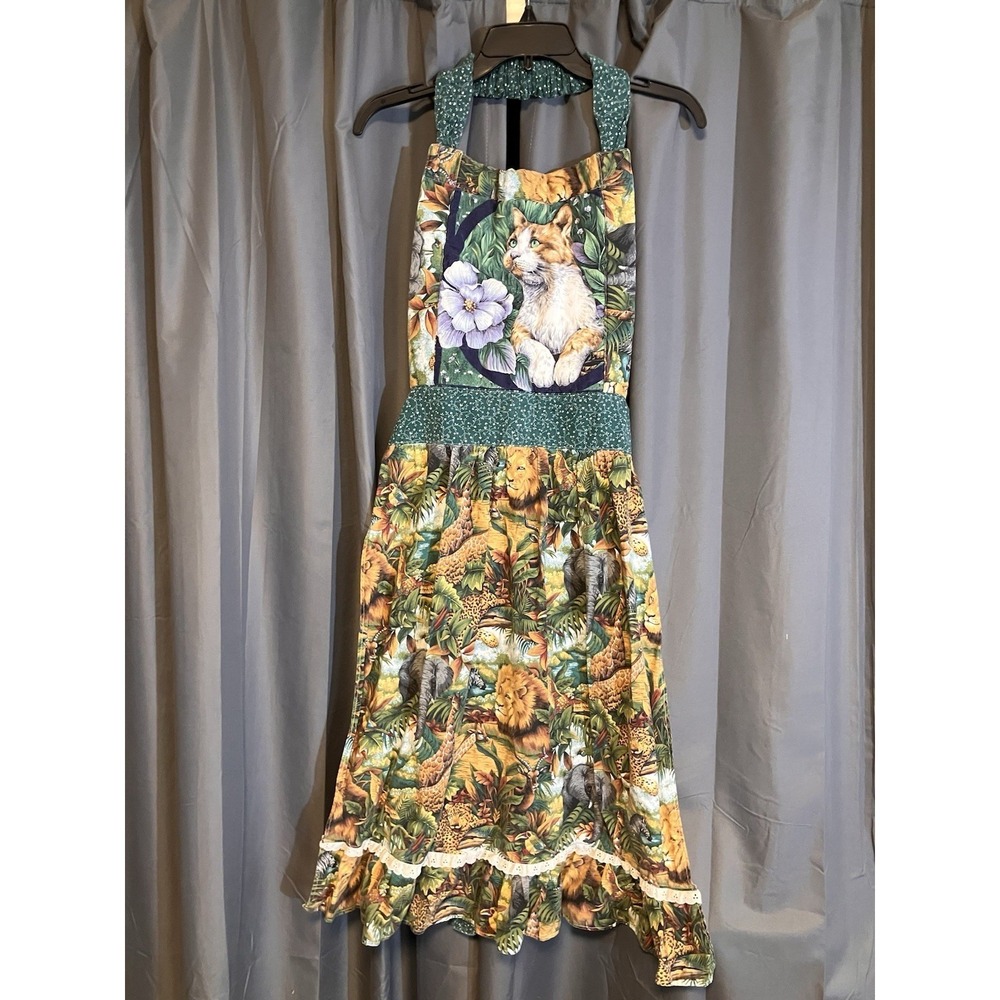 Vintage Cotton Smock Apron  Homemade Cat Lion Elephant Giraffe Tie Back